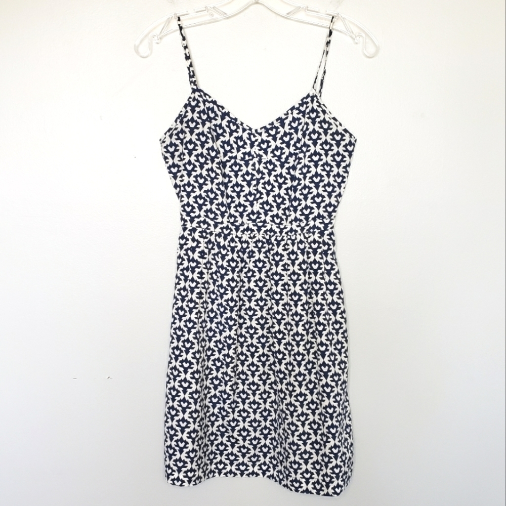 J. Crew Factory Navy White Geo Print Cami Seamed Sun Dress Pockets 00
